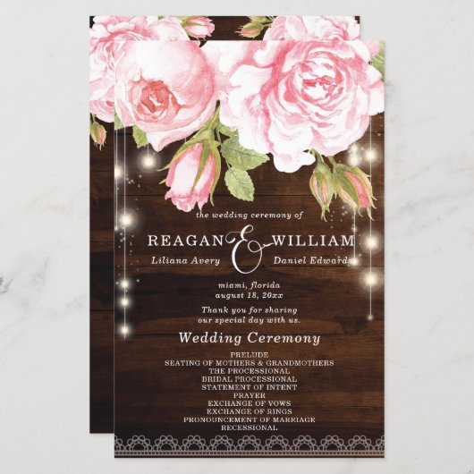 Rustic Wood String Lights Rozen Wedding Programme (Voorkant / Achterkant)