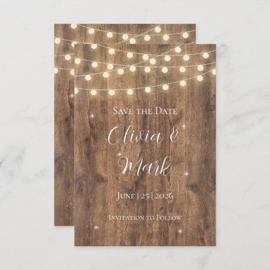 Rustic Wood & String Lights Save the Date | Schuur Informatiekaartje (Voorkant / Achterkant)