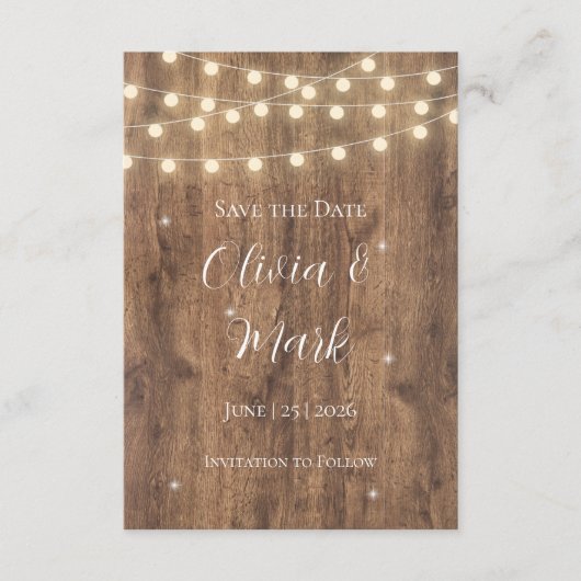 Rustic Wood & String Lights Save the Date | Schuur Informatiekaartje (Voorkant)