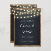 Rustic Wood & String Lights Save the Date | Schuur RSVP Kaartje (Voorkant / Achterkant)