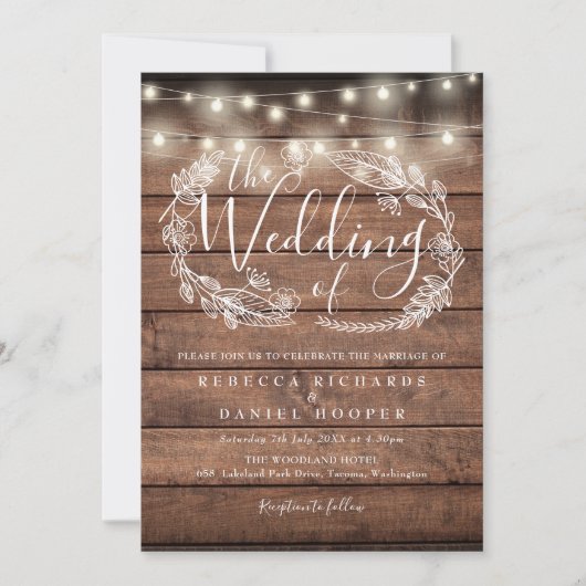 Rustic Wood String Lights Script Photo Weddenschap Kaart (Voorkant)