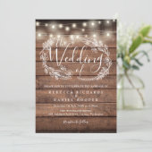 Rustic Wood String Lights Script Photo Weddenschap Kaart (Staand voorkant)