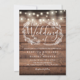Rustic Wood String Lights Script Photo Weddenschap Kaart