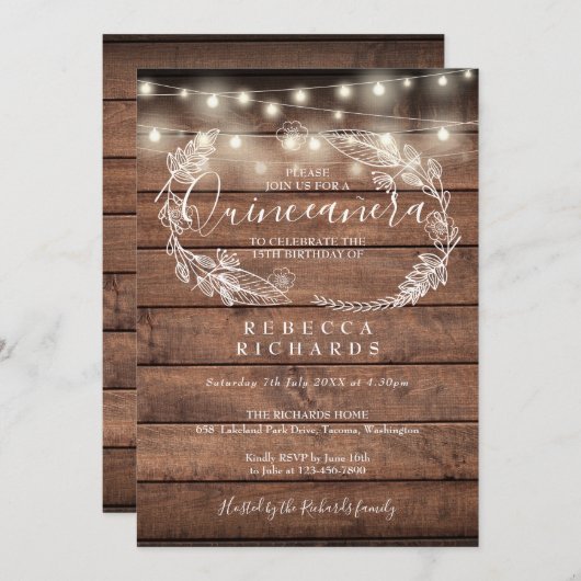 Rustic Wood String Lights Script Quinceañera 15th Kaart (Voorkant / Achterkant)