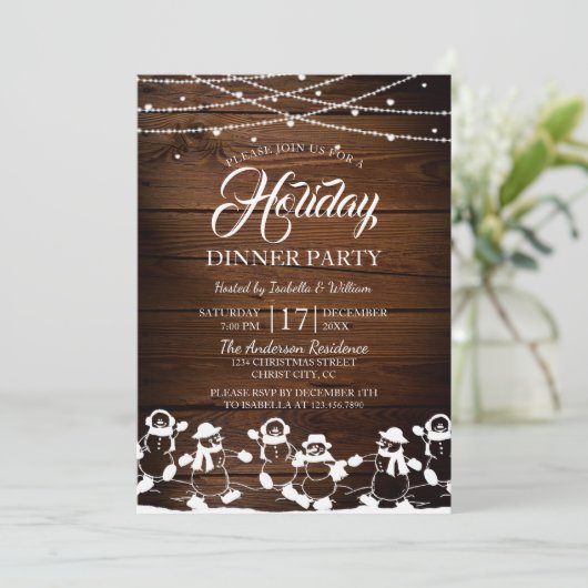 Rustic Wood String Lights Snowman Holiday Party Kaart (Staand voorkant)