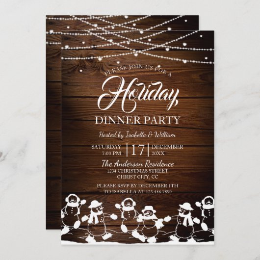 Rustic Wood String Lights Snowman Holiday Party Kaart (Voorkant / Achterkant)
