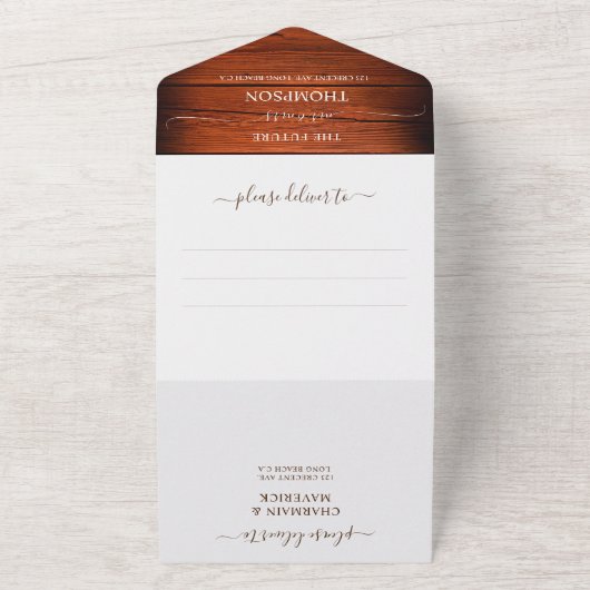 Rustic Wood String Lights Sparking Photo Wedding All In One Uitnodiging (Buitenkant)