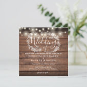 Rustic Wood String Lights Square Photo Weddenschap Kaart (Staand voorkant)
