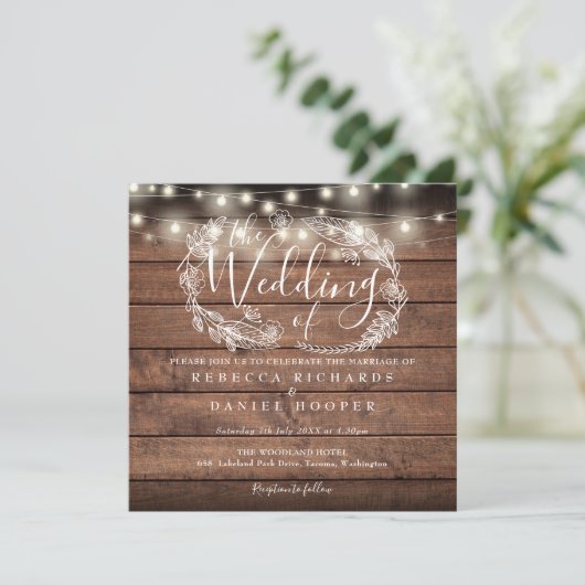 Rustic Wood String Lights Square Photo Weddenschap Kaart (Staand voorkant)