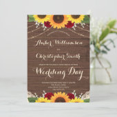 Rustic Wood String Lights Sunflower Roos Wedding Kaart (Staand voorkant)