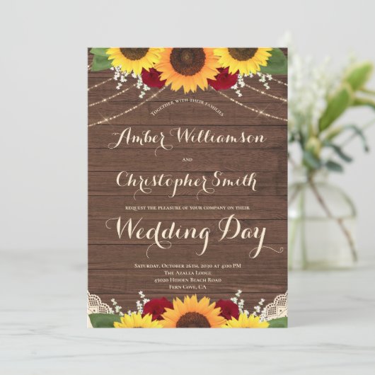 Rustic Wood String Lights Sunflower Roos Wedding Kaart (Staand voorkant)