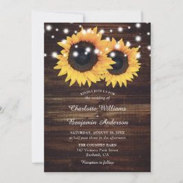 Rustic Wood String Lights Sunflower Wedding Kaart