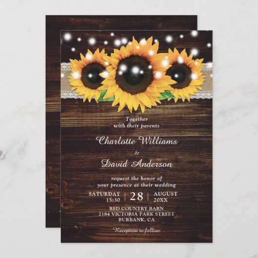 Rustic Wood String Lights Sunflower Wedding Kaart (Voorkant / Achterkant)