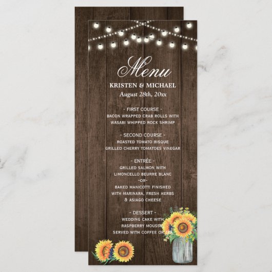 Rustic Wood String Lights Sunflower Wedding Menu (Voorkant / Achterkant)