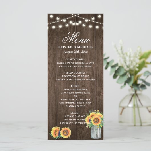 Rustic Wood String Lights Sunflower Wedding Menu (Staand voorkant)