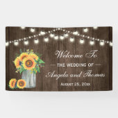 Rustic Wood String Lights Sunflower Wedding Party Spandoek (Horizontaal)