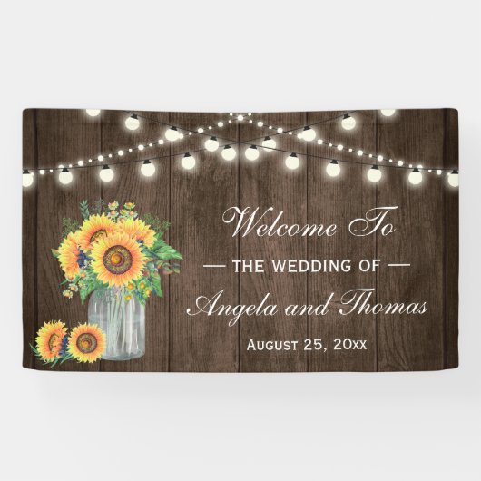 Rustic Wood String Lights Sunflower Wedding Party Spandoek (Horizontaal)
