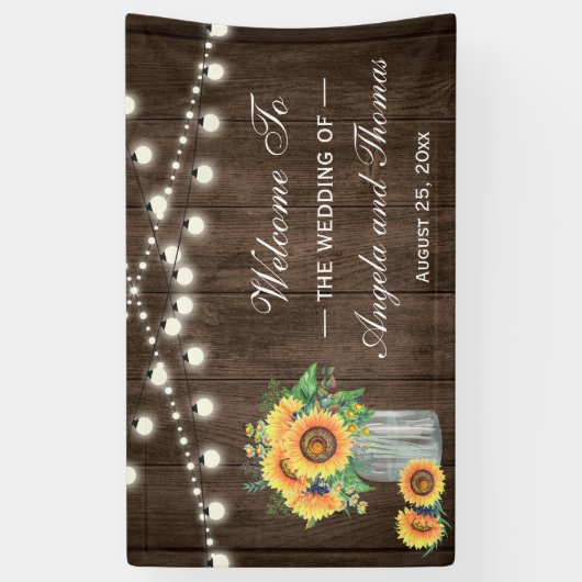 Rustic Wood String Lights Sunflower Wedding Party Spandoek (Verticaal)