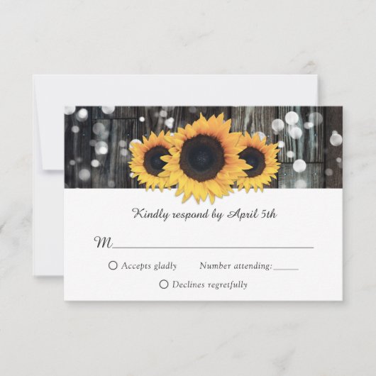 Rustic Wood String Lights Sunflower Wedding RSVP Kaartje (Voorkant)