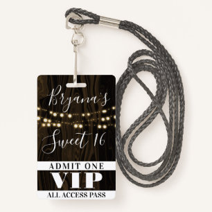 Rustic Wood String Lights Sweet 16 VIP Pass Badge