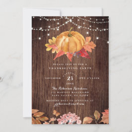 Rustic Wood & String Lights Thanksgiving Party Kaart