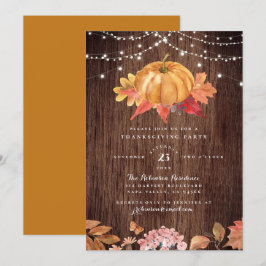 Rustic Wood & String Lights Thanksgiving Party Kaart
