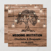 Rustic Wood String Lights & Tree Wedding Kaart (Voorkant / Achterkant)