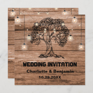 Rustic Wood String Lights & Tree Wedding Kaart