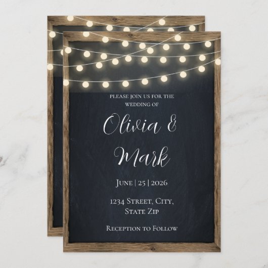 Rustic Wood & String Lights Uitnodiging voor een b (Voorkant / Achterkant)