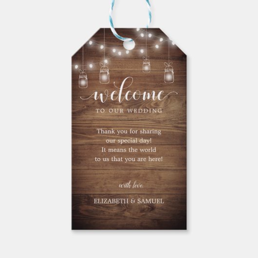 Rustic Wood String Lights Weddenschap Welkom Cadeaulabel (Voorkant)