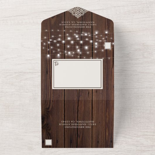 Rustic Wood String Lights Wedding All In One Uitnodiging (Buitenkant)