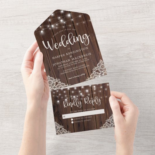 Rustic Wood String Lights Wedding All In One Uitnodiging (Afscheurbaar)