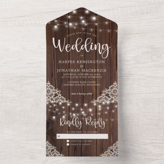 Rustic Wood String Lights Wedding All In One Uitnodiging (Binnen)