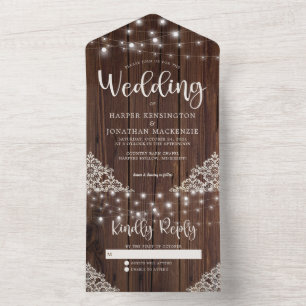 Rustic Wood String Lights Wedding All In One Uitnodiging