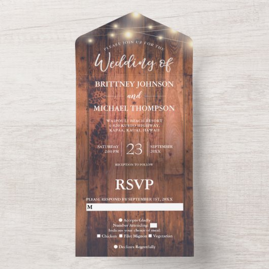 Rustic Wood String Lights Wedding All In One Uitnodiging (Binnen)