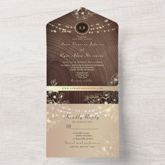 Rustic Wood String Lights Wedding All In One Uitnodiging (Binnen)