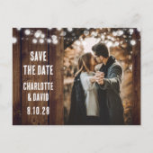 Rustic Wood String Lights Wedding Foto Aankondigingskaart (Voorkant)