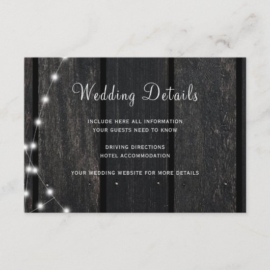 Rustic wood string lights wedding guest details informatiekaartje (Voorkant)