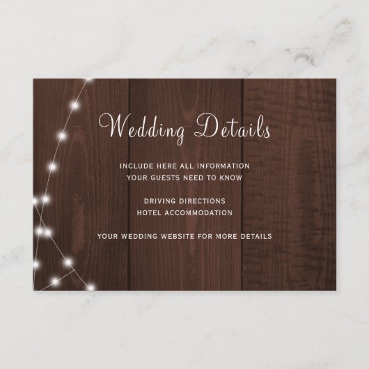 Rustic wood string lights wedding guest details informatiekaartje (Voorkant)