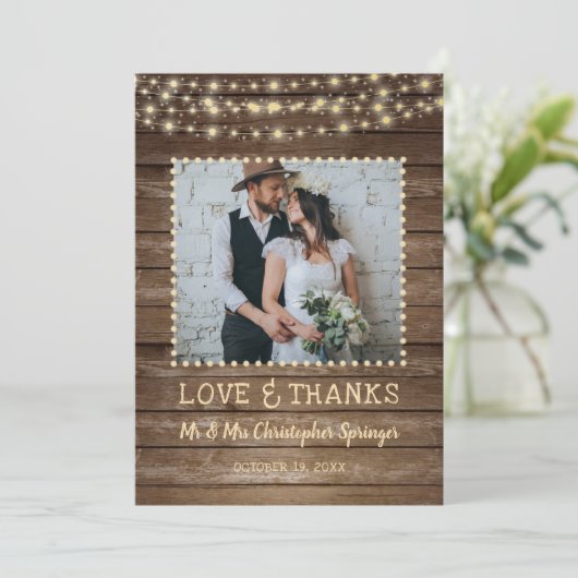 Rustic Wood String Lights Wedding Hartelijk dank Bedankkaart (Staand voorkant)