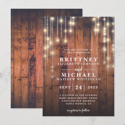 Rustic Wood String Lights Wedding Kaart (Voorkant / Achterkant)