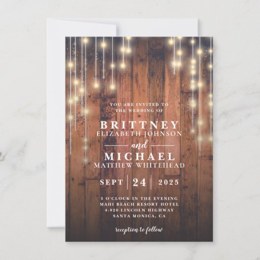Rustic Wood String Lights Wedding Kaart (Voorkant)