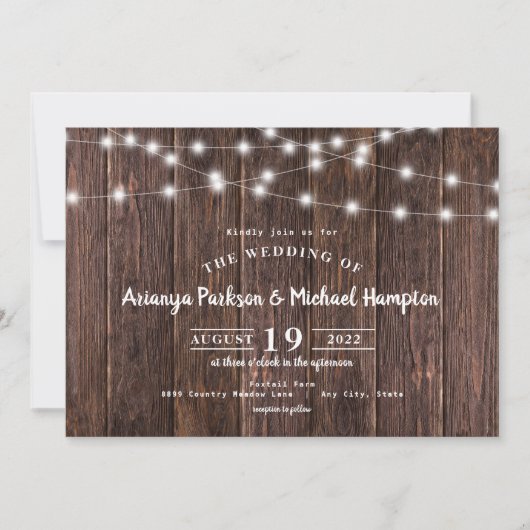 Rustic Wood String Lights Wedding Kaart (Voorkant)