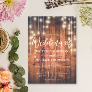 Rustic Wood String Lights Wedding Kaart