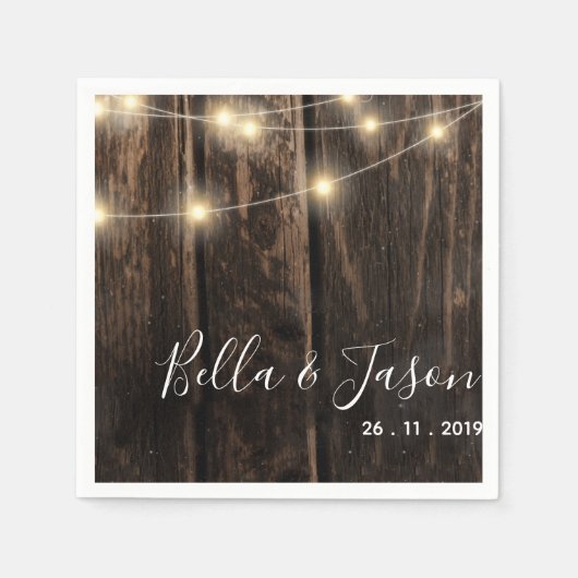 Rustic Wood String Lights Wedding Paper Napkin Servet (Voorkant)