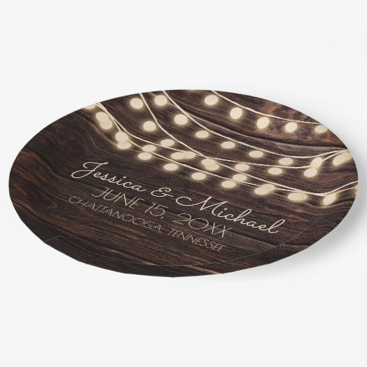 Rustic Wood String Lights Wedding Papieren Bordje (Gekanteld)