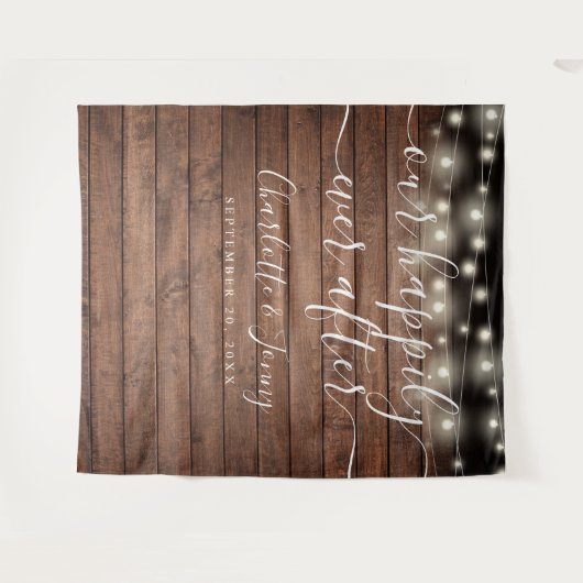 Rustic Wood String Lights Wedding Photo Backdrop Wandkleed (Voorkant (horizontaal))