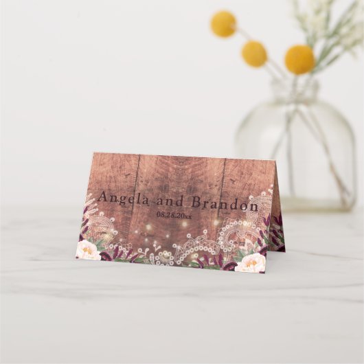 Rustic Wood & String Lights Wedding Plaatskaartje (Achterkant)