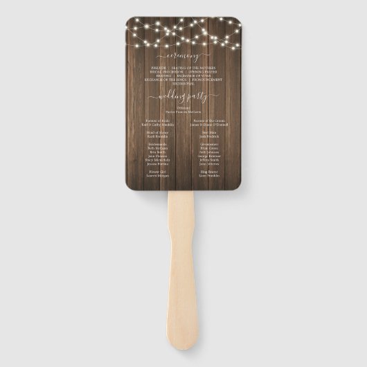 Rustic Wood String Lights Wedding Program Fan Handwaaier (Achterkant)