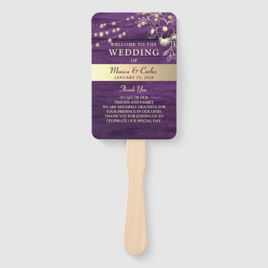 Rustic Wood String Lights Wedding Program Hand Fan Handwaaier (Voorkant)